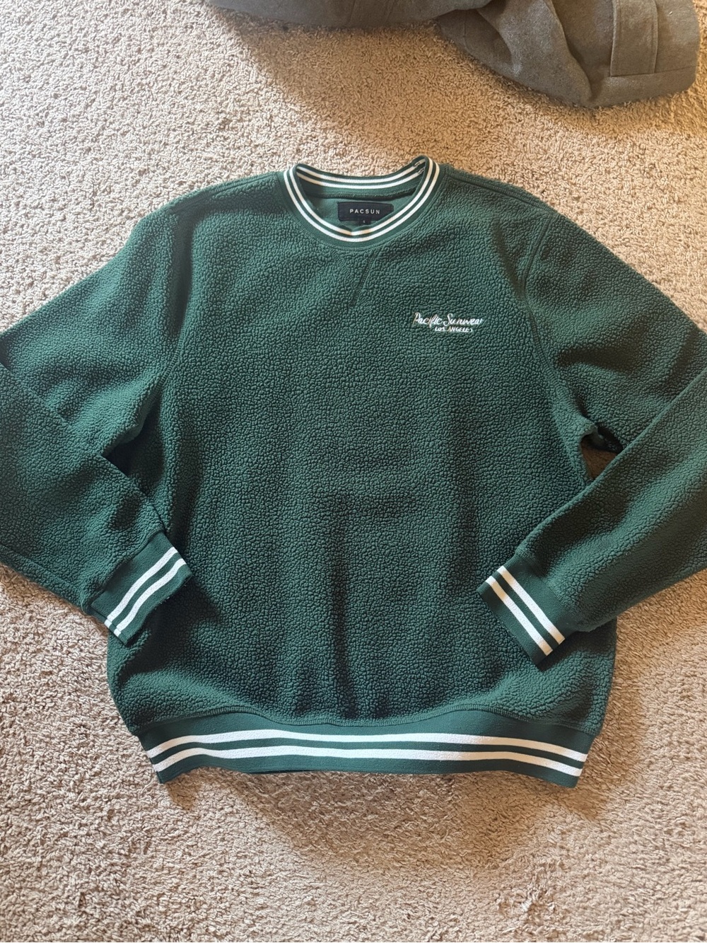 Men’s PacSun Dark Green Sherpa Crewneck with White Stripe Trim